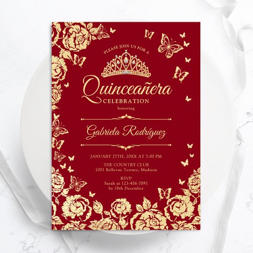 Red Gold Roses Butterflies Quinceanera Invitation