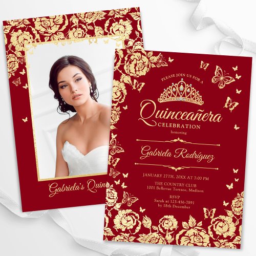 Red Gold Roses Butterflies Quinceanera Photo Invitation