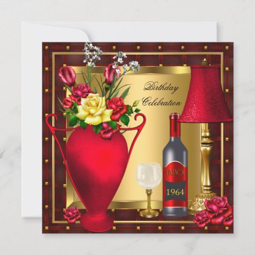 Red Gold Roses Decor Wine Bottle Glass Birthday 3 Invitation