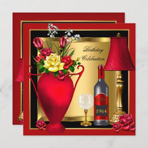 Red Gold Roses Decor Wine Bottle Glass Birthday 4 Invitation