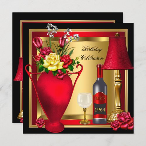 Red Gold Roses Decor Wine Bottle Glass Party Invitation