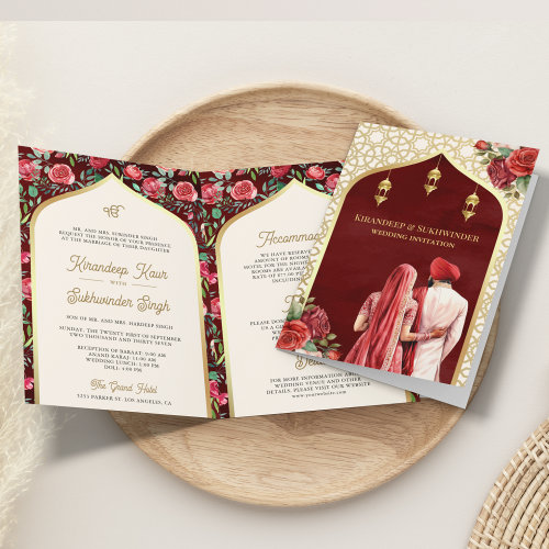 Red Gold Roses Floral All in One Sikh Wedding Invitation