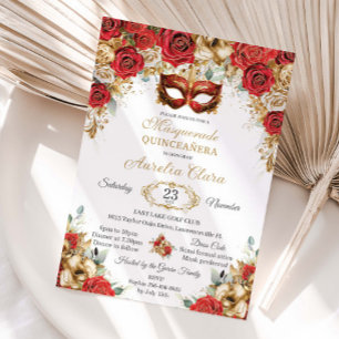 Red Gold Roses Floral Masquerade Ball Quinceanera Invitation