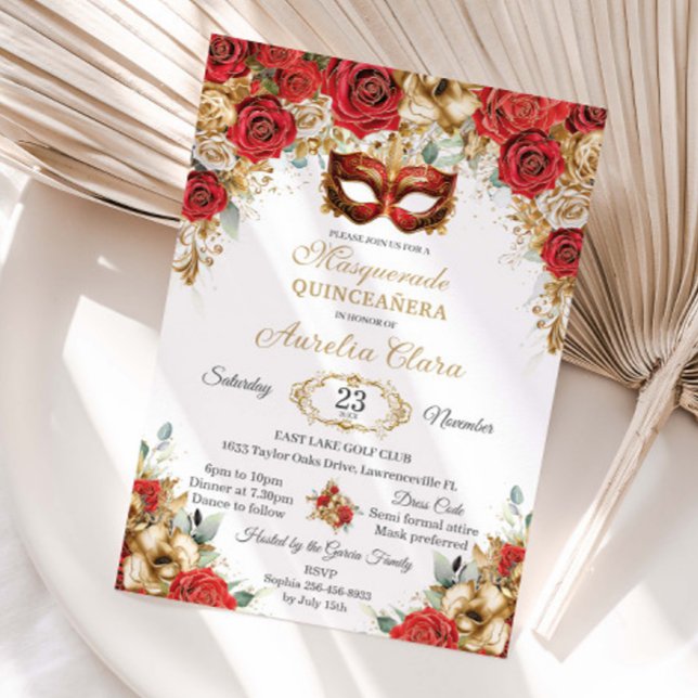 Red Gold Roses Floral Masquerade Ball Quinceanera  Invitation (Creator Uploaded)