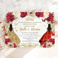 Red Gold Roses Floral Twins Quinceañera 15 XV