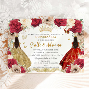 Red Gold Roses Floral Twins Quinceañera 15 XV Invitation