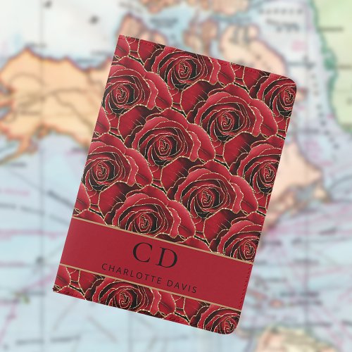 Red gold roses flowers monogram passport holder