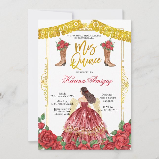 Red Gold Roses Horse Charra Quinceañera Invitation (Front)