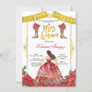 Red Gold Roses Horse Charra Quinceañera Invitation