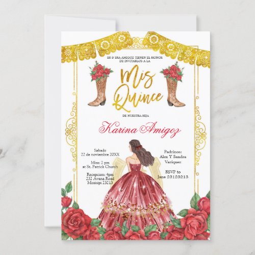 Red Gold Roses Horse Charra Quinceaera Invitation