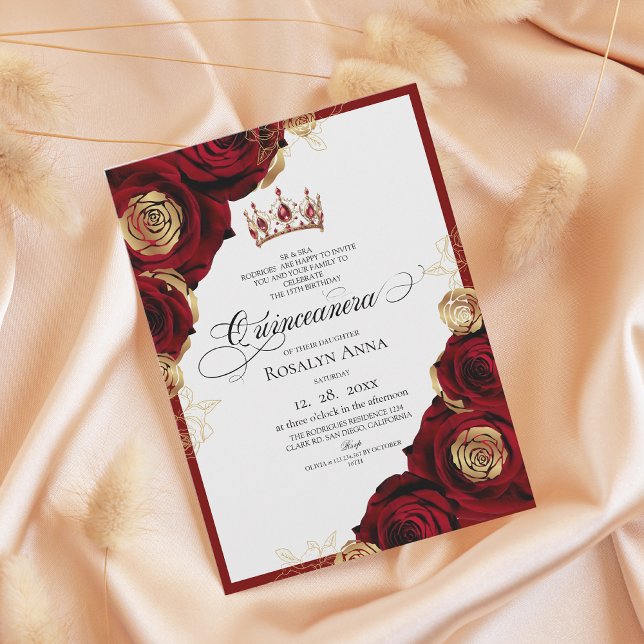 Red Gold Roses Princess Quinceañera  Invitation (Creator Uploaded)