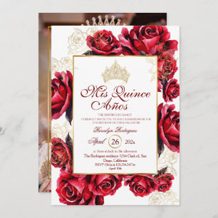 Red Gold Roses Quinceañera Photo Invitation