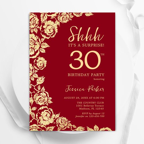 Red Gold Roses Surprise 30th Birthday Invitation