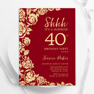 Red Gold Roses Surprise 40th Birthday Invitation