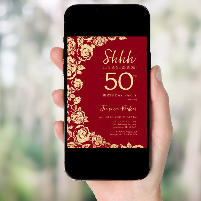 Red Gold Roses Surprise 50th Birthday Invitation (Front Digital)