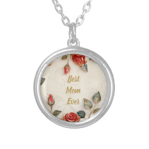 Red Gold Roses Vintage Mom Silver Plated Necklace