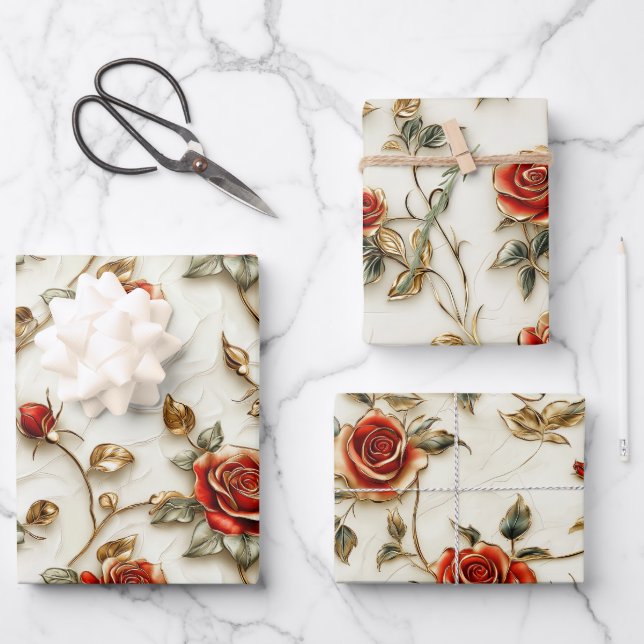 Red Gold Roses Vintage  Wrapping Paper Sheets (Front)