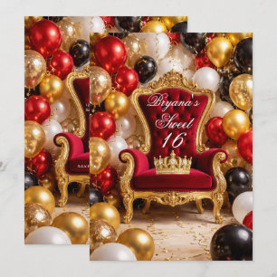Red & Gold Royal Chair & Crown Birthday Party Invitation