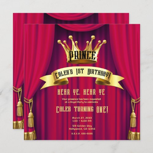 Red  Gold Royal Crown Prince Birthday Party Invitation