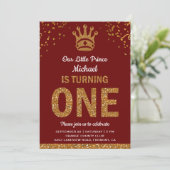 Red Gold Royal Prince First Birthday Invitation (Standing Front)