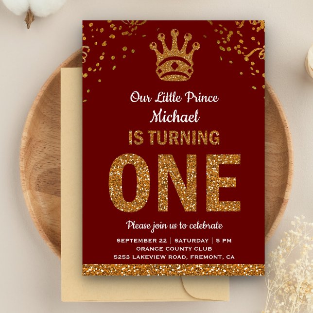 Red Gold Royal Prince First Birthday Invitation