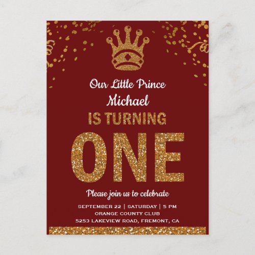Red Gold Royal Prince First Birthday Invitation Postcard