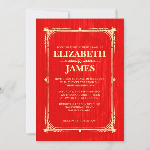 Red &amp; Gold Rustic Barn Wood Wedding Invitations
