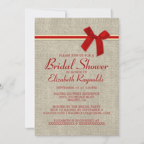Red &amp; Gold Rustic Burlap Bridal Shower Invitations