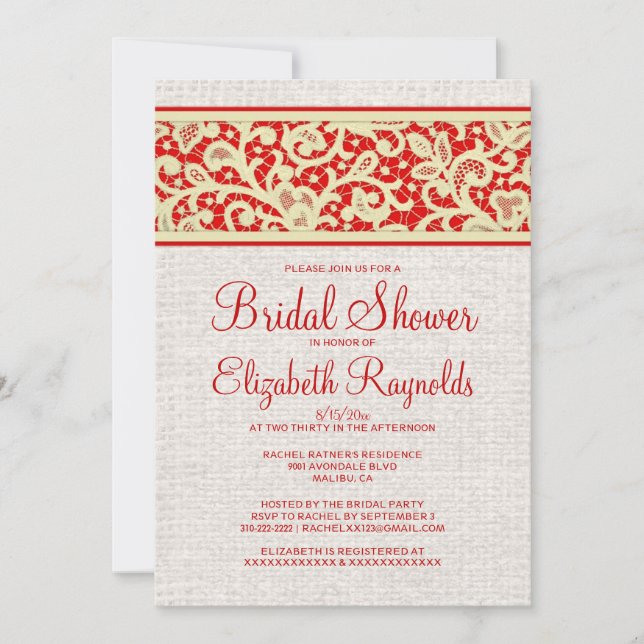 Red Gold Rustic Burlap Linen Bridal Shower Invites (Front)