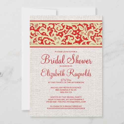 Red Gold Rustic Burlap Linen Bridal Shower Invites