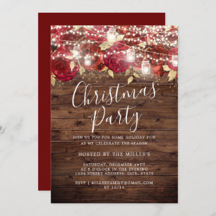 Red Gold Rustic Foliage Lights Christmas Party Invitation