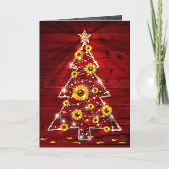 Red Gold Rustic Sunflower Christmas Tree Holiday Card (Front)