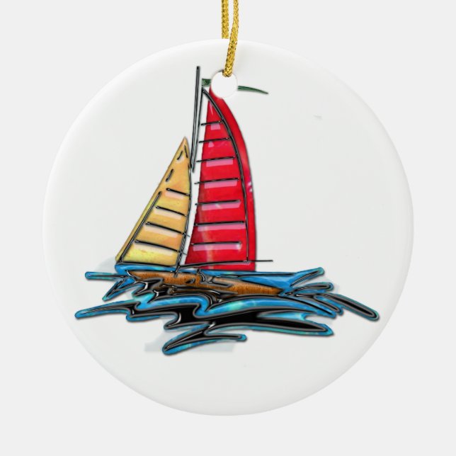 Red & Gold Sailboat Ceramic Ornament (Front)