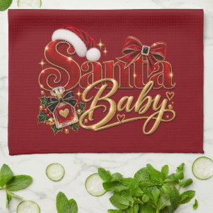 Red Gold Santa Baby Christmas Kitchen Towel