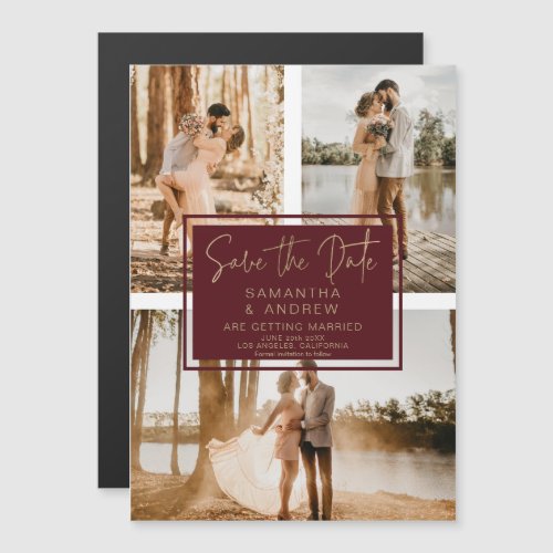 Red gold save the date 3 photo grid collage