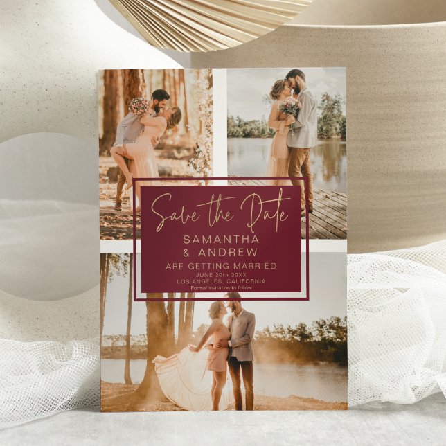 Red gold save the date 3 photo grid collage