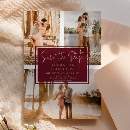 Red gold save the date 3 photo grid collage postcard