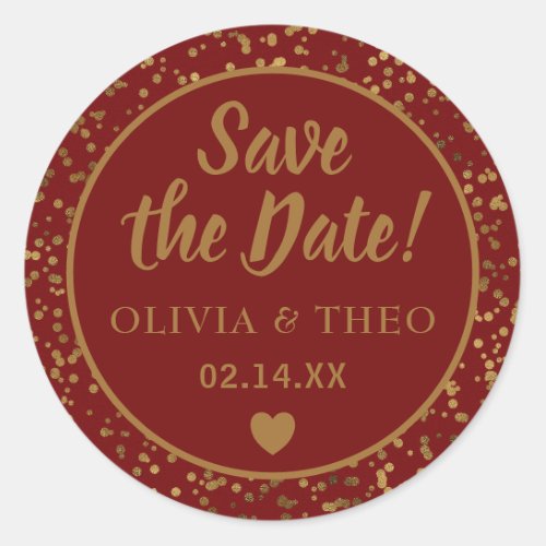 Red Gold Save the Date  Classic Round Sticker