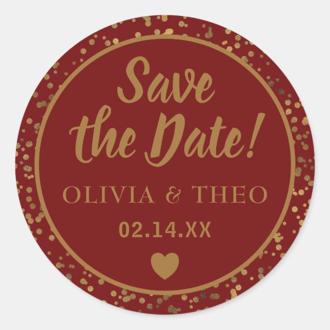 Red Gold Save the Date  Classic Round Sticker (Front)