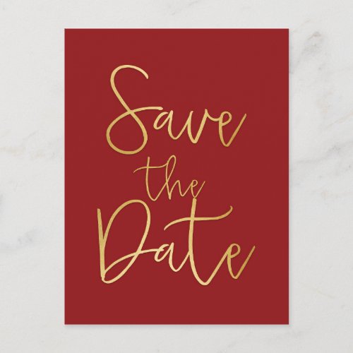 Red  Gold SAVE THE DATE Modern Script Postcard