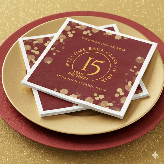 Red & Gold School College Class Reunion Paper Dinner Napkins (Elegant 15-Year Class Reunion Red and Gold Glitter Napkins Cover Photo)