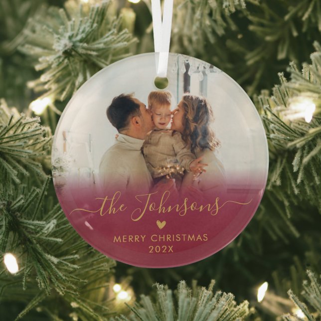 Red Gold Script Family Photo Merry Christmas Glass Ornament (Insitu)