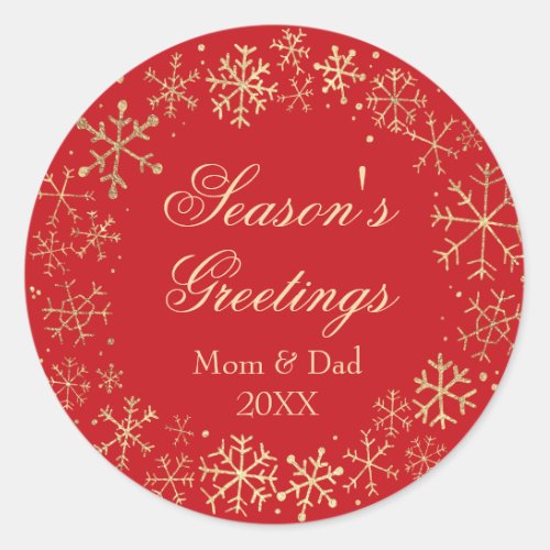 Red Gold Seasons Greetings Classic Round Sticker