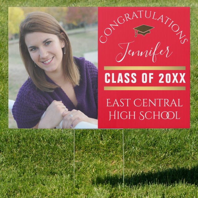 Red Gold Senior Photo Large Graduation Yard Sign (Insitu)