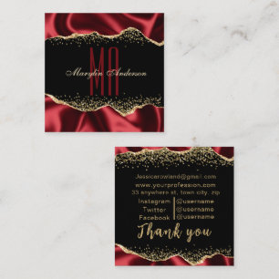RED & GOLD SHIMMER SATIN BORDERS CUSTOM MONOGRAM SQUARE BUSINESS CARD