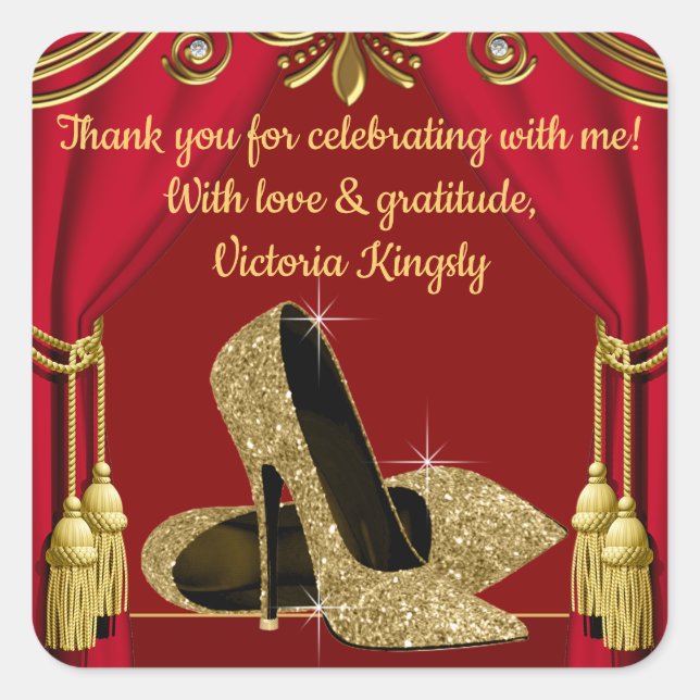 Red Gold Shoe Birthday Party Favor Stickers (Front)