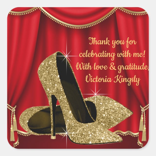 Red Gold Shoe Birthday Party Favor Stickers (Front)