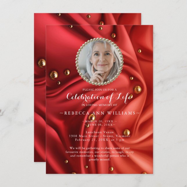 Red Gold Silky Photo Celebration of Life  Invitation (Front/Back)