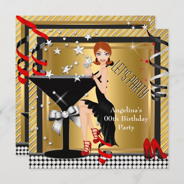 Red Gold Silver Black Martini Birthday Party 2 Invitation (Front/Back)