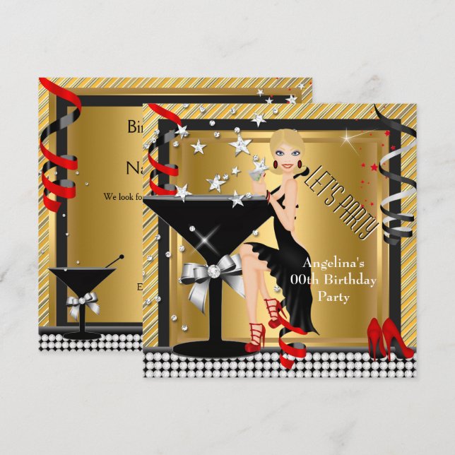 Red Gold Silver Black Martini Birthday Party 3 Invitation (Front/Back)